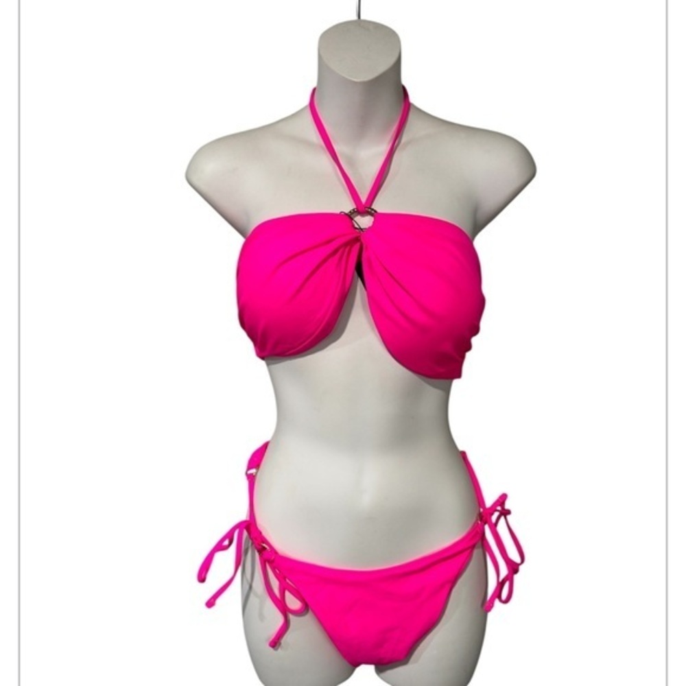 ZOJUYOZIO Hot pink 2piece halter tie back gold ring detail bikini set size large